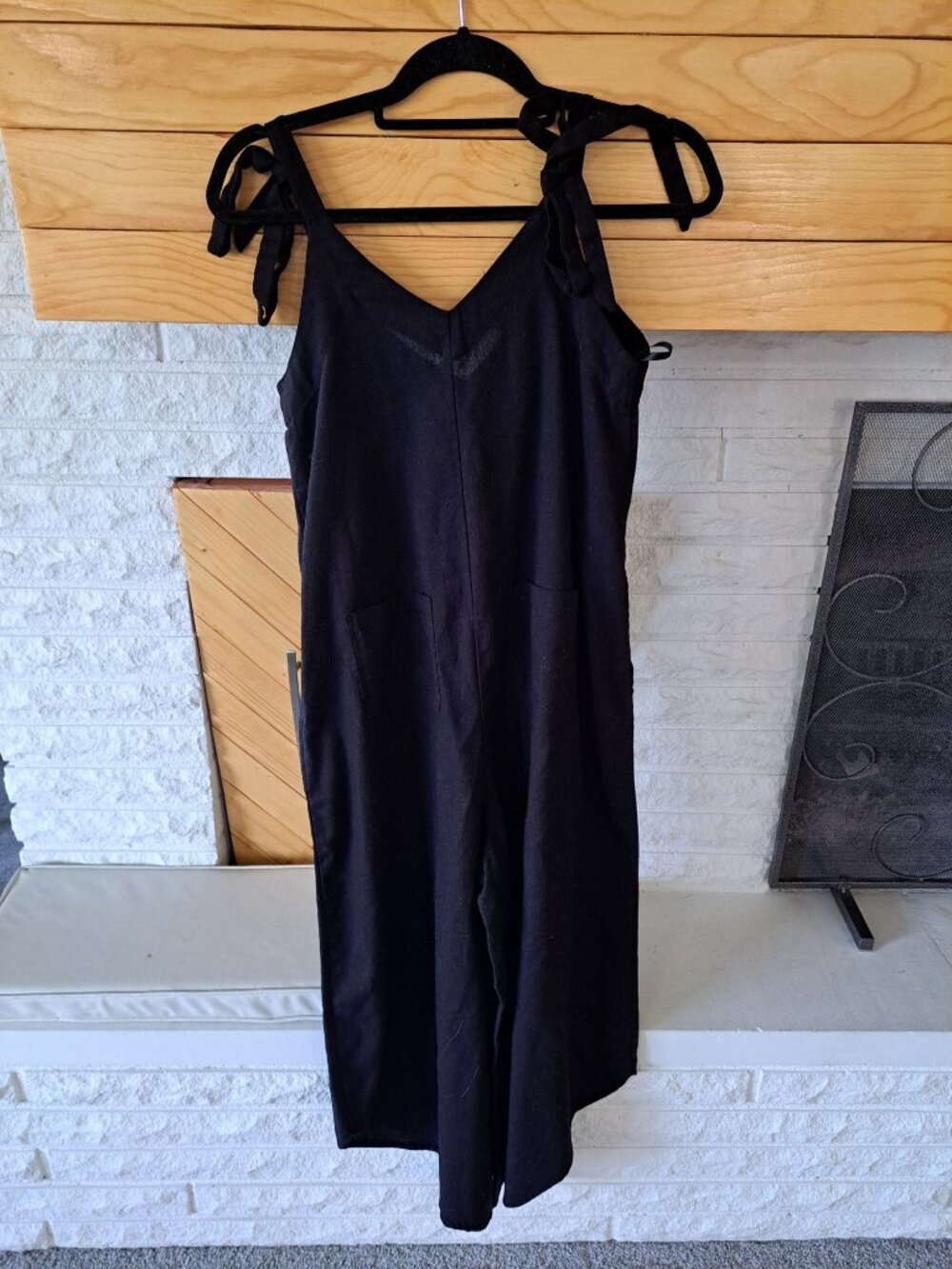 New In Black Sleeveless Jumpsuit Bow Tie Linen Ctn Wide-Leg S Pallazo Women's - Picture 6 of 13